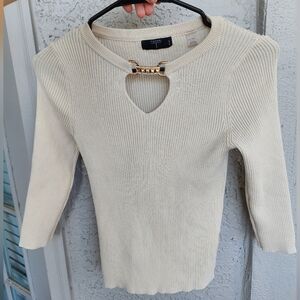 Tahari Cream Stretch Top With Peep Hole And Gold Studded Detail